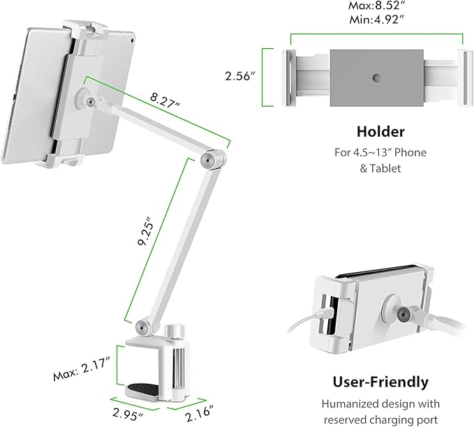 Viozon Tablet Stand Holder Mount, Rotate 360 Degrees of Flexible, Height and Angle Adjustable, High-Grade Aluminium Alloy Long Arm Compatible with 4.5-13 Mobile Phone and Tablet, iPhone, iPad(White)