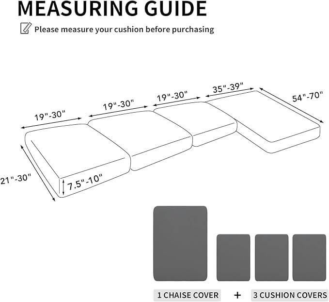 Easy-Going 100% Waterproof 4 Pieces Couch Cushion Covers for Sectional Sofa Left/Right L Shape Chaise Lounge Sofa Seat slipcover Anti-Slip Sofa Cover (3 Seater + 1 Chaise, Gray