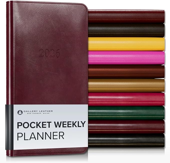 Gallery Leather Pocket Weekly Monthly Planner 2025-2026, Elegantly Bound Calendar Planner and Notebook with Stylish Gold-Gilded Page Edges, 12 Months - Acadia Burgundy - 6 x 3.25 "