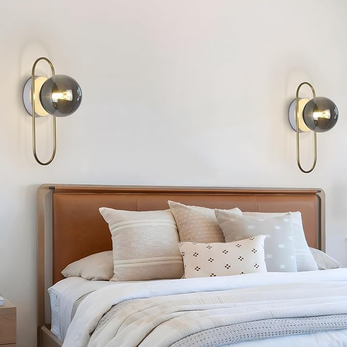 Modern Brass Wall Sconce Mid Century Glass Wall Sconces Brushed Gold Wall Lamp Vintage Wall Sconces Set of Two Hardwired Farmhouse Wall Light Fixtures (2 Pack)