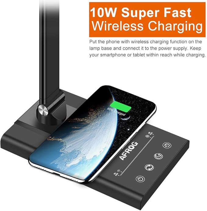 AFROG 5th Gen Multifunctional LED Desk Lamp with 10W Fast Wireless Charger, USB Charging Port,1800Lux Super Bright,5 Lighting Mode,7 Brightness, Touch Control, Auto Timer, 15W Office Table Lamp