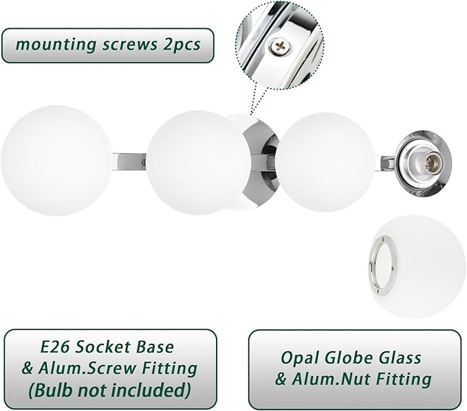 Globe Bathroom Vanity Light Fixtures, Modern 4 Lights Wall Lighting Chrome, Porch Wall Mount Light Fixture for Bathroom, Over Mirror Cabinets Hallway Stairs