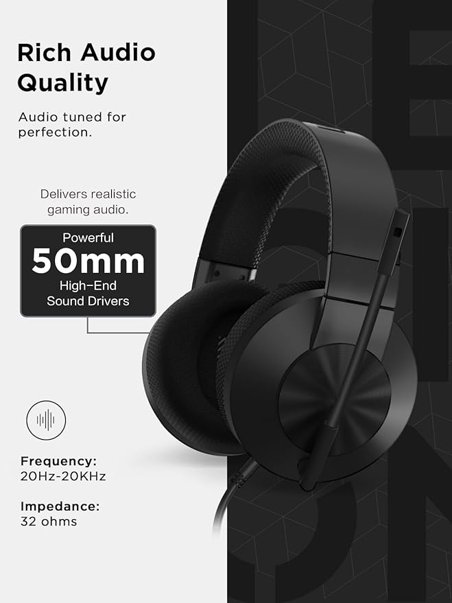 Lenovo H210 Wired Gaming Headset - 3.5mm Connection, Flip-to-Mute Noise-Cancelling Microphone, Breathable Ear Cups - Black