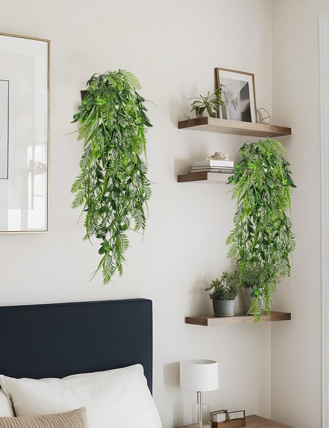 Hollyone 2pcs Artificial Hanging Plant 36" Faux Ferns Artificial Plastic Greenery Ivy Leaves Fake Vines for Wall Farmhouse Living Room Kitchen Shelf Garden Home Patio Indoor Outdoor Decor
