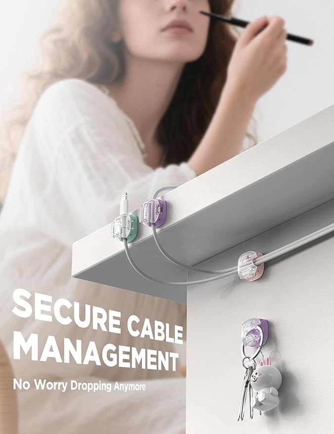 Cable Clips, Cord Organizer 8Pack Multicolor [Dual Spring & Clasp Lock] Under Desk Cable Management, Adhesive Cable Clips Wire Organizer Charger Cord Holder for Nightstand Office Car Desk Organization