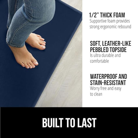 GORILLA GRIP 2 Pack Comfortable Cushioned Kitchen Mats for Floor, 17x29 + 17x59, Waterproof and Stain Resistant, 1/2 Inch Thick Soft Ergonomic Standing Desk Anti Fatigue Mat, Foam Supports Feet, Navy