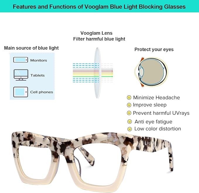 VOOGLAM Stylish Rectangle Blue Light Blocking Glasses for Women Anti Eyestrain Dry Eyes Eyewear Sienna