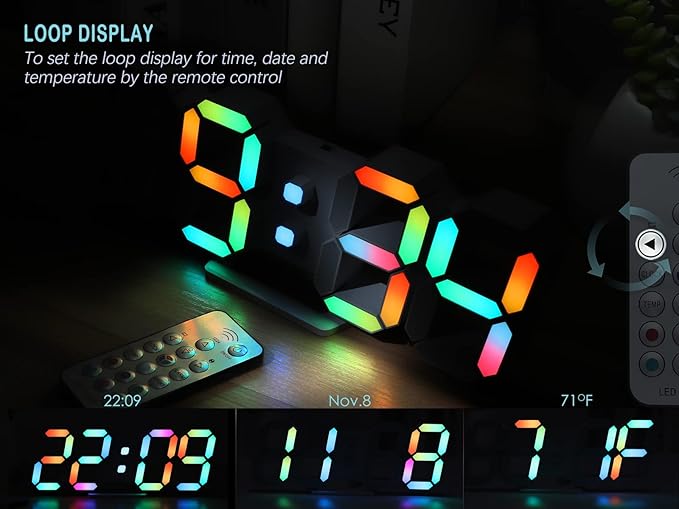 KOSUMOSU Wall Clock Neon Digital Clock 3D LED Desk Clock Large Display 9.7" RGB Clock Alarm Clock for Bedroom Living Room,Remote,Brightness Dimming, Date,Temp