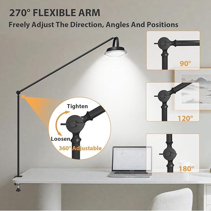 Dual-Power LED Desk Lamp with Clamp, Solar/USB Charging Desk Lamps with Metal Adjustable Swing Arm,Dimmable Eye-Caring Clip Lights with Removable Bulb for Dining/Home Office/Camping/RV Interior(Black)