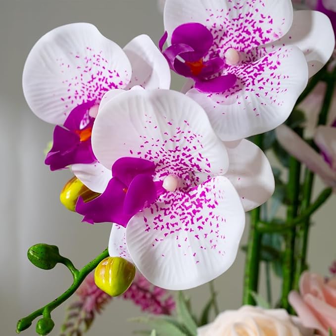 LESING Artificial Orchid Flower with Vase, White Orchid Bonsai Faux Orchid Phalaenopsis Plant Pot Arrangements for Home Decoration (White Purple,Beige Vase)