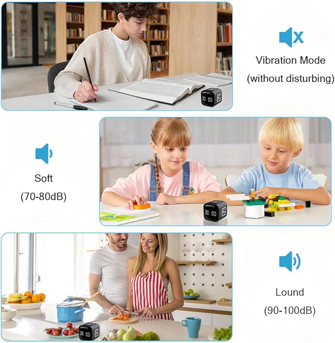 Gravity Cube Timer, Productivity Sensor Flip Kitchen Large LED Display Adjustable Sound Alarm Vibration High Low Volume Custom Modes Kids Study Students Office Exercise Skincare