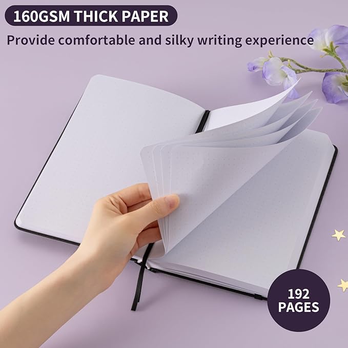Dot Grid Journal with 160GSM Thick Paper, 192 Pages, A5 Dotted Notebook for Work, School, Travel | 180° Lay Flat, Foil Stamped Cover, Elastic Band, 2 Bookmarks & Inner Pocket (Black)