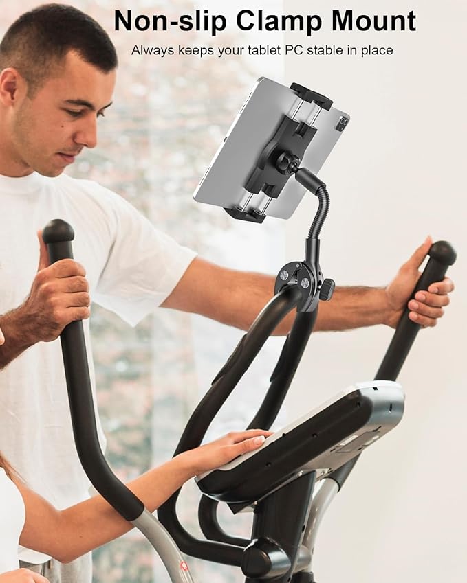 woleyi Gooseneck Tablet Bike Mount for Indoor Cycling, Gym Treadmill, Spin bike, Stationary Exercise bicycle, Peloton Handlebar, Elliptical, Stroller Clamp for iPad Pro/Air/Mini, Phone, 4.7-13" Tablet