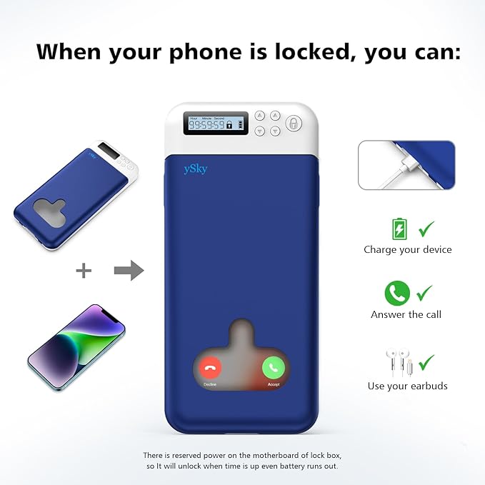 ySky Cell Phone Lock Box with Timer,Portable Timed Phone Lock Box for iPhone and Android Phones, Self-Control Timer Phone Locker to Help Kids,Students Focus Back,(Dark Blue)
