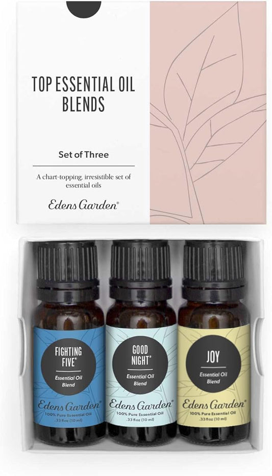 Edens Garden Top Essential Oil Blends 3 Set – 100% Pure Therapeutic Grade, Undiluted Natural Aromatherapy Oils for Diffusers & Home – Includes Fighting Five, Good Night & Joy, 10 ml/ 3 Pack