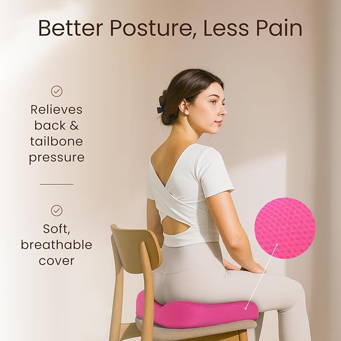 Sleepavo Pink Memory Foam Seat Cushion for Office Chair - Pillow for Sciatica, Coccyx, Back, Tailbone & Lower Back Pain Relief - Orthopedic Chair Pad for Lumbar Support in Office Desk, Car, Airplane