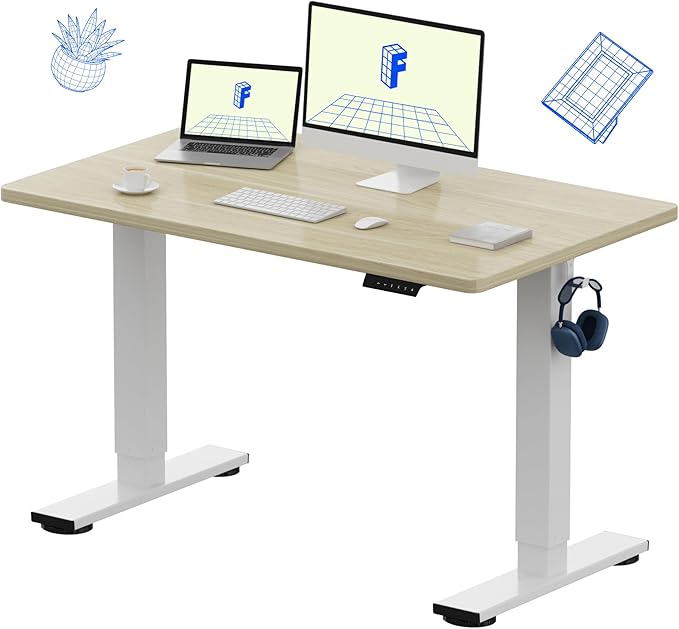 FLEXISPOT EN1 One-Piece Standing Desk, 48 x 30 Inches Electric Height Adjustable Desk for Home Office (White Frame + White Wood Grain Desktop)