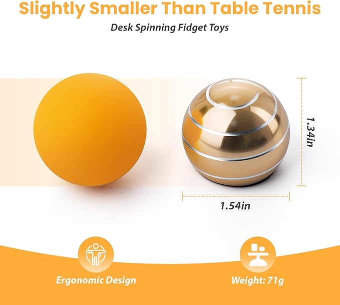Fidget Spinner Desktop Toys - Kinetic Spinning Ball for Anxiety & ADHD Relief (Golden-1.54in)