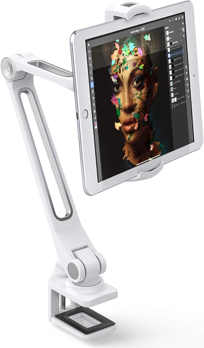 AboveTEK iPad Desk Mount, Multi-Angle Adjustable Tablet Clamp Holder, 360° Swivel Arm Aluminum Tablets Stand, Fits 4"-11" Tablet/Phone/iPad mini for Home Office Kitchen Bedside (White)