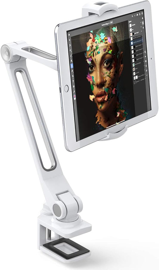 AboveTEK iPad Desk Mount, Multi-Angle Adjustable Tablet Clamp Holder, 360° Swivel Arm Aluminum Tablets Stand, Fits 4"-11" Tablet/Phone/iPad mini for Home Office Kitchen Bedside (White)