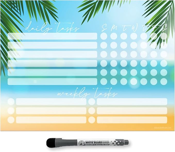 Dry Erase Whiteboard Task Planner | Removable and Restickable Adhesive Decal | Fine-Tip Magnetic Marker Included (9 x 12 inches, Beach)