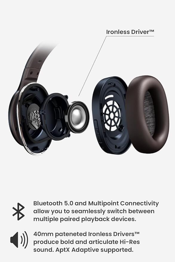 Cleer Enduro ANC Noise Cancelling Over the Ear Bluetooth Headphones with Mic, 60 Hrs Playtime, Noise Canceling, Ambient EQ Modes, Hi-Res Audio, Deep Bass, Multi-Point Connect, Bluetooth 5.0, Dark Navy