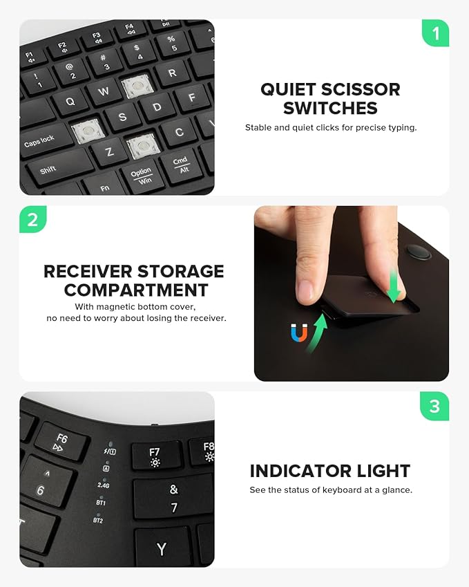 DeLUX Full Size Wireless Ergonomic Keyboard with Palm Rest, Ultra-Thin Split Keyboard, Bluetooth and 2.4G Connection, Rechargeable Battery, Natural Typing (GM909-Black)