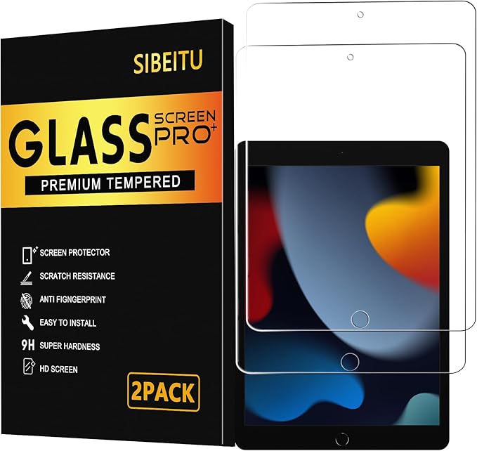 SIBEITU 2 Pack Screen Protector for iPad 9th Generation 2021, iPad 10.2 Inch HD Clear 9H Hardness Tempered Glass Film Compatible with iPad 8th 7th Generation 2020/2019, Scratch Resistent