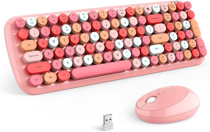 MOFii Wireless Keyboard and Mouse Combo, Retro Typewriter Keyboard with Multi-Media Function Keys and Number Pad Compared for PC Computer Windows (Pink Colorful)