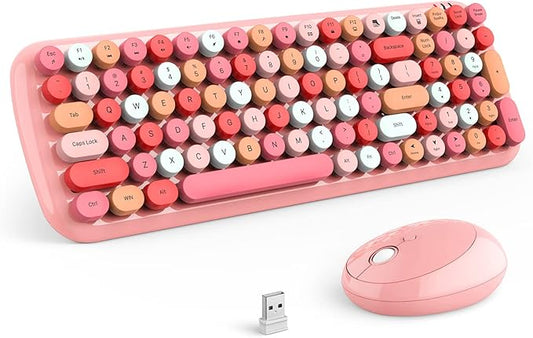 MOFii Wireless Keyboard and Mouse Combo, Retro Typewriter Keyboard with Multi-Media Function Keys and Number Pad Compared for PC Computer Windows (Pink Colorful)