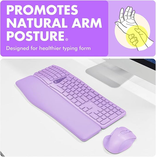X9 Purple Ergonomic Keyboard Mouse Wireless Combo - Type Comfortably Longer - 2.4G/Bluetooth Split Keyboard, Multi-Device, Soft Wrist Rest, Rechargeable, Silent Ergo Keys - Laptop, PC, Mac,iOS,Android