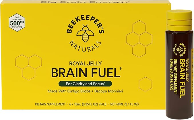 BEEKEEPER'S NATURALS B.LXR Brain Fuel - Memory, Focus and Clarity Liquid Formula, Supports Productivity Royal Jelly, Ginkgo Biloba, Bacopa Monnieri Keto Friendly, Gluten & Caffeine-Free, (6 ct)