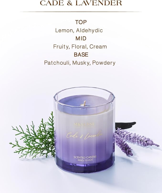 M&SENSE Cade Lavender Scented Aromatherapy Candle for Stress Relief, 10.6oz 60 Hour Burn Time Natural Soy Candles for Home Long Lasting Highly Scented Luxury Gifts