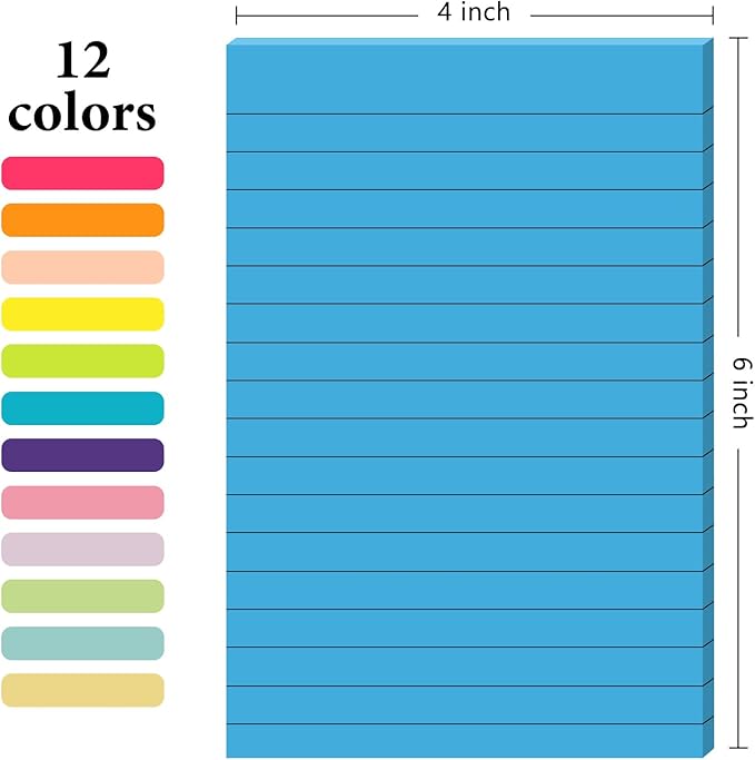 12 Pads Lined Sticky Notes 4x6 Sticky Notes with Lines Self-Stick Note Pads 12 Bright Multi Colors Big Rectangular Sticky Note for Office,Home,School, Meeting, 33 Sheet/Pad