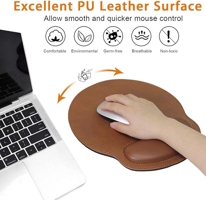 Mouse Pad Leather Wrist Rest Support, Ergonomic Memory Foam Mouse Wrist Rest Pad with Non Slip Rubber Base, Durable, Comfortable Mousepad for Computer Pain Relief at Home, Office, Work Travel, Brown