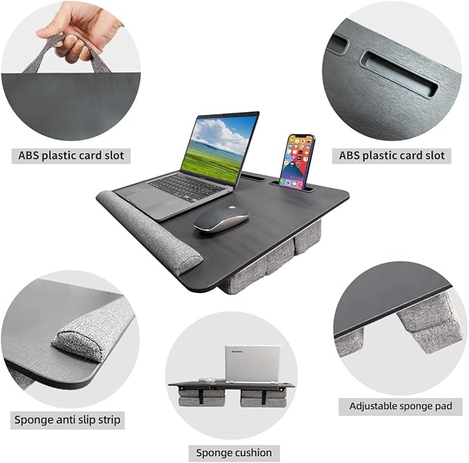 Laptop Desk,Lap Desk with Cushion, Suitable for 17 inch laptops, Comes with Mouse pad, Phone, iPad Card Slot, can be Folded, Suitable for use on beds, Sofas, and Cars