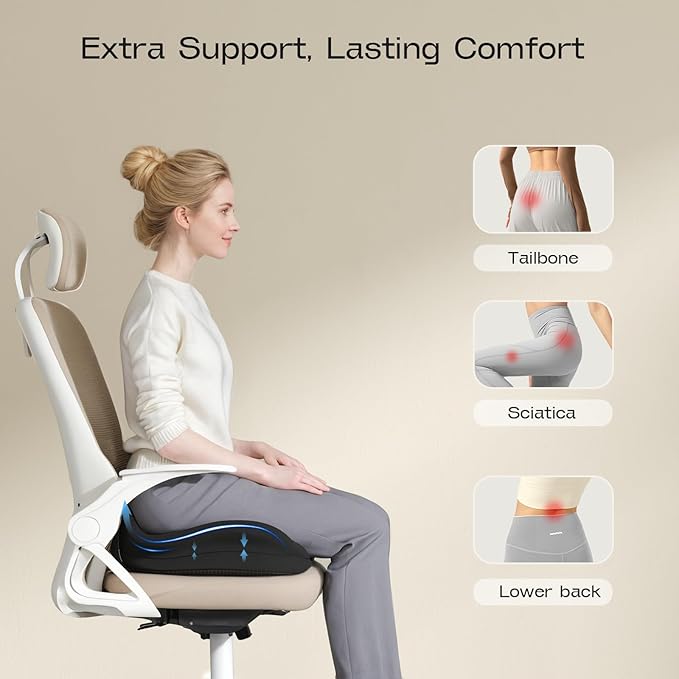 Seat Cushions for Office Chairs - Patented Coccyx Cushion for Tailbone Pain - 21.2" W x 16.5" L Extra Large Memory Foam Seat Cushion with Removable Cover