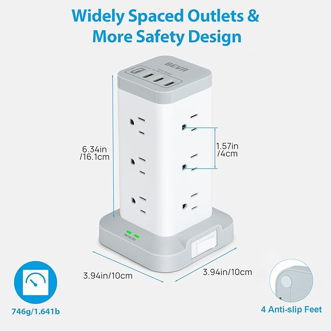 BEVA Power Strip Tower with USB Ports, 6.5 FT Surge Protector Power Tower, 12 AC and 4 USB Ports, 6.5 FT Extension Cord with Multiple Outlets, Office Supplies Office Organization