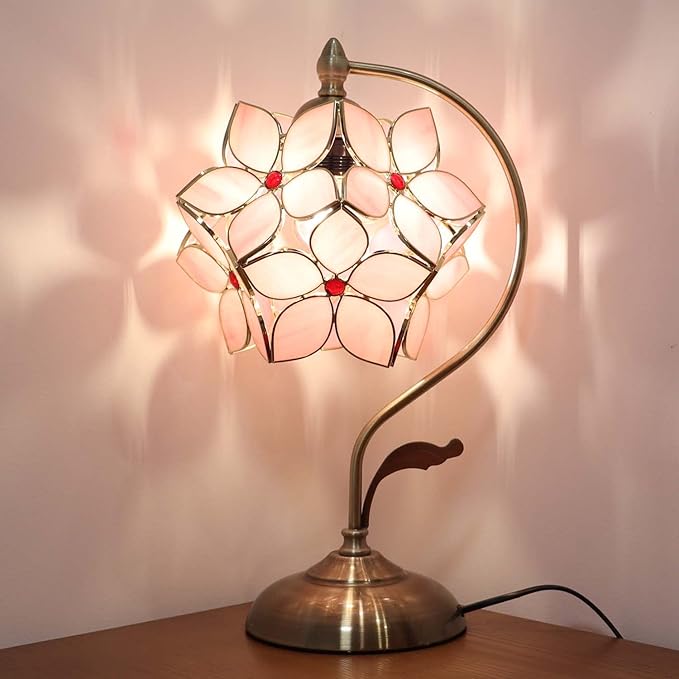 Bieye L10832 Tiffany Style Stained Glass Flower Petal Table Lamp with Brass Base for Home Décor (Pink, 8" Apple Blossom)