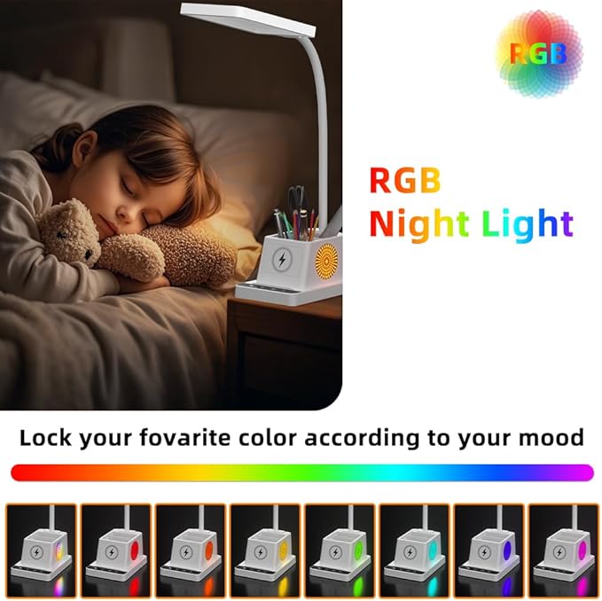 cozoo Desk Lamp, LED Desk Lamps for Home Office with 15W Wireless Charger/Organizer,Desk Lamp for College Dorm Eye-Caring Study Light,Gooseneck Table Lamp with Pen Holders/Storage,12 Lighting Modes