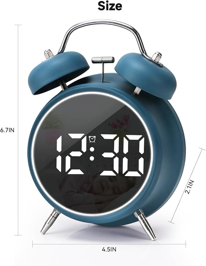 JUSTUP Digital Small Alarm Clock, 4.5 Inch Double Bell Electronic LED Alarm Clock, Plug in or Battery Operated Silent Metal Table Clock, Bedside Loud Bell Clock for Heavy Sleepers Adults Kids (Blue)