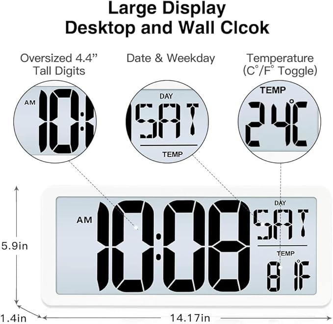 TXL Large Digital Wall Clock with Backlight, 14.2" Battery Operated Alarm Clock with Day, Date & Temperature, Jumbo Display Digital Count Up Down Timer Clock for Seniors, Home, Bedroom Office