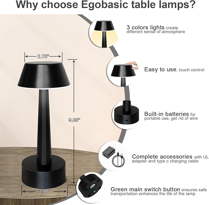 Egobasic Rechargeable Cordless Small Table Lamp Portable Battery Operated Touch 3 Way Dimmable Metal Bedside Night Light Lamps for Bedroom, Dining Room Patio Restaurant Bar Hotel (Black)