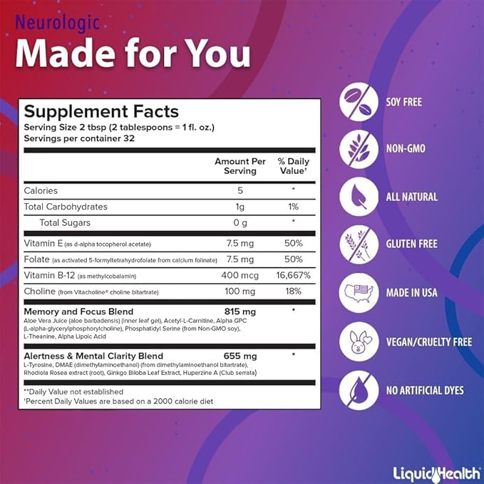 LIQUIDHEALTH Neurologic Focus Supplement - Brain Booster Nootropic Supplement for Cognitive Function, Memory & Focus with Ginkgo Biloba, Choline, L-Theanine & Phosphatidylserine - USA Made (3 Pack)