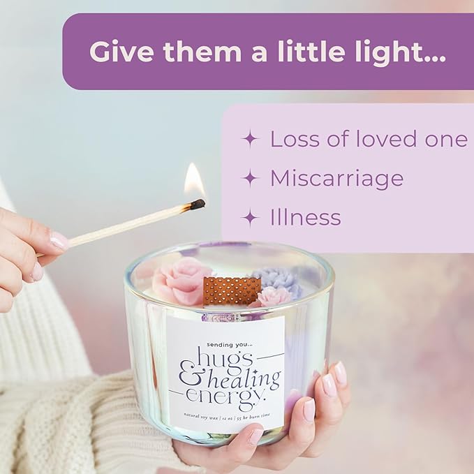 Hugs and Healing Energy Sympathy Candle. 12oz Wooden Wick Candle with Natural Soy Wax. Memorial, Grief Gift for Loss of Loved One, Get Well Soon Gift with Iridescent Glass Jar & Floral Design
