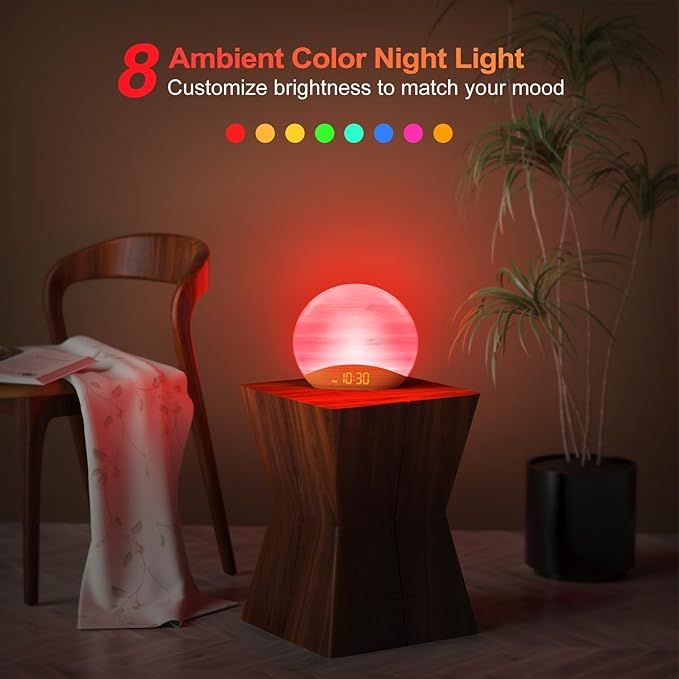 REACHER Natural Wood Grain Sound Machine Sunrise Alarm Clock，26 Nature Inspired Sleeping Sounds, 0-100% Dimmable Clock, Night Light,Brown/Pink/White Noise Sound Machine for Babys, Kids, Adults