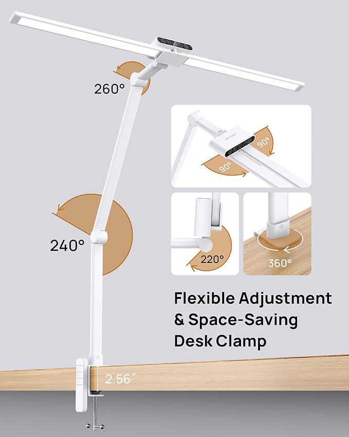 TROND LED Desk Lamp with Clamp - 360° Rotating Architect Desk Lamp for Home Office, 5 Color 5 Brightness Computer Monitor Light, 24W Bright Eye Caring, 45-min Timer with Remote for Table Study Work