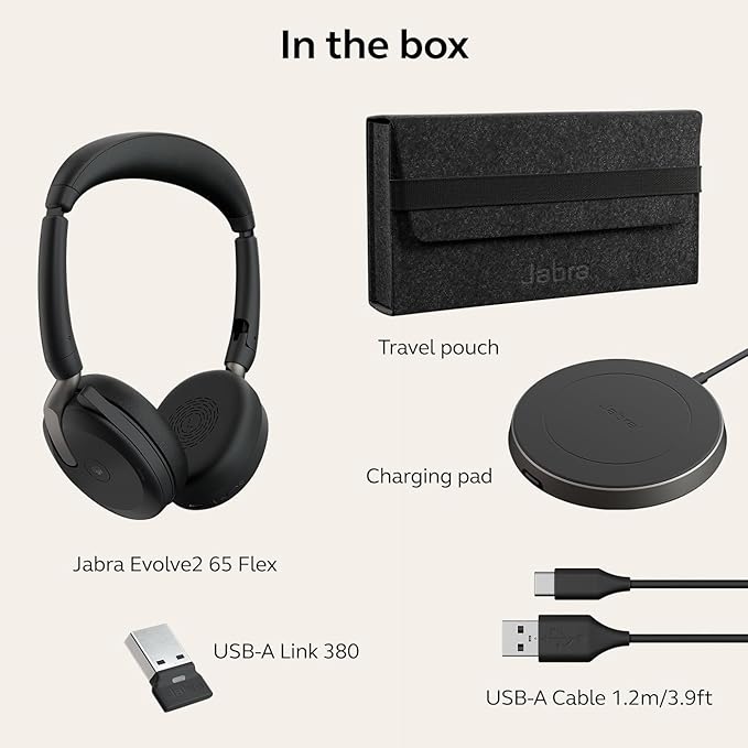 Jabra Evolve2 65 Flex Stereo Headset with Bluetooth, Wireless Charging Pad - Noise-Cancelling ClearVoice Technology & Hybrid Active Noise Cancellation - Certified for Microsoft Teams - Black