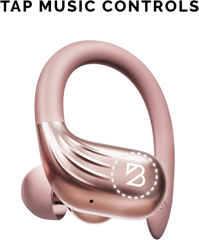 Rose Gold Wireless Running Earbuds for Women. Pink Bluetooth Sport Earbuds for Running, 80 Hour Long Battery Life Over the Ear with EarHooks, Wrap Around Ear buds with Microphone, Earphones