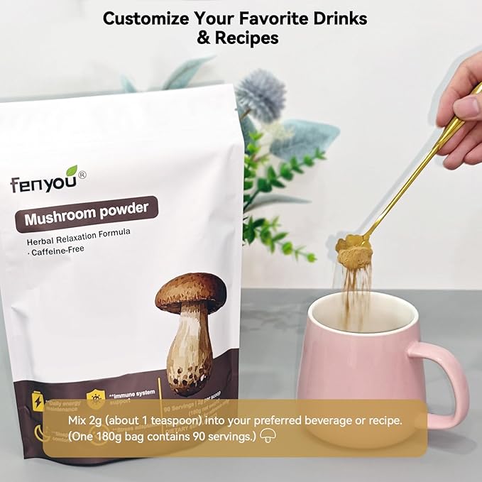 Mushroom Powder, 16-Mushroom Adaptogen Blend with L-Theanine for Coffee, Tea, Milk, Fruit Salad, Smoothies, or Recipes (180g/90 Servings)